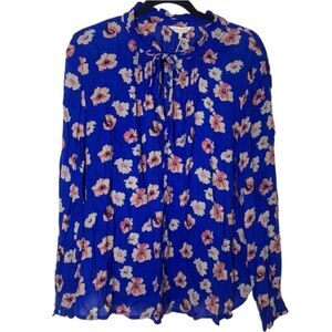 NWT Lucky Brand Large Blue Floral Print Split Sleeve Blouse